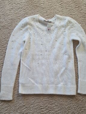 LOFT Ivory Pearl-Accent Crewneck Sweater
